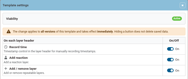 Template settings modal for the Viability element, showing the On each layer header controls: Record time, Add reaction, Add/remove layer