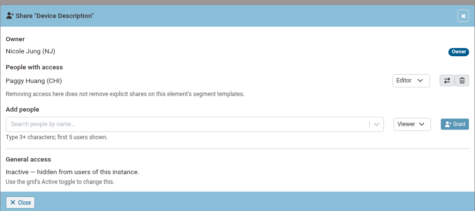 Same Share dialog after granting Editor access: Paggy Huang now listed under People with access, with level dropdown, transfer and remove buttons