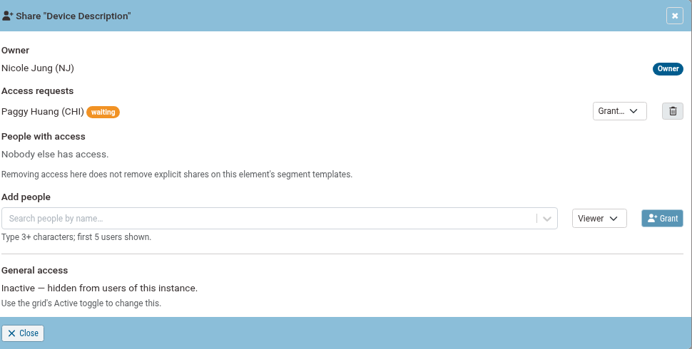 Share dialog for Device Description, showing Paggy Huang's access request waiting for a decision