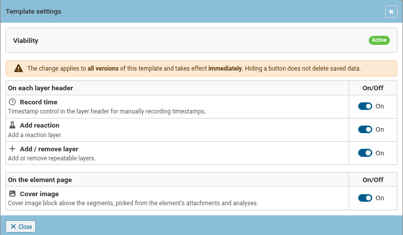 Template settings modal for the Viability element, showing the Cover image toggle under "On the element page"